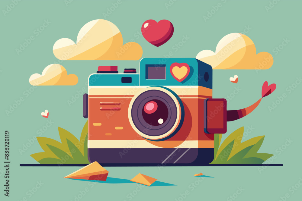 Poster a camera with a heart shaped balloon attached to it, a vintage camera with a heart-shaped lens, capt