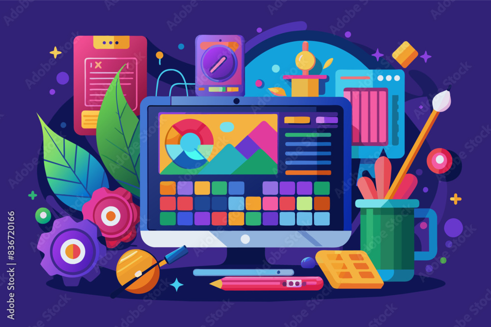 Fototapete a computer screen with a flat screen and various objects, a vibrant vector artwork of a creative sof