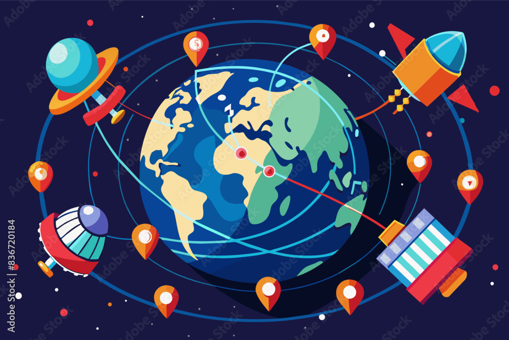 Poster a flat design of a space station with rockets and planets, A vibrant vector artwork of a network of satellites orbiting the Earth, providing global connectivity