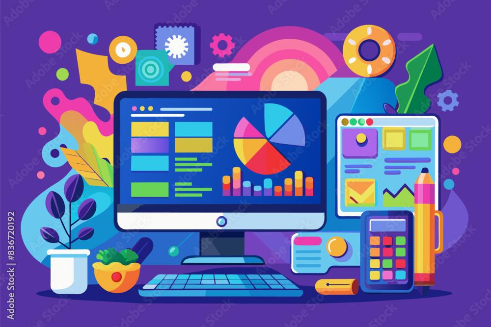 Fototapete a computer screen with a flat screen and various objects, A vibrant vector artwork of a creative software interface with editing tools and a color palette