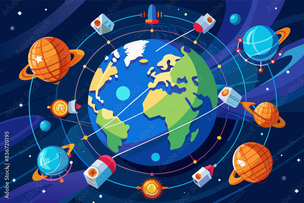 Aufkleber a flat design of a space station with rockets and planets, a vibrant vector artwork of a network of 