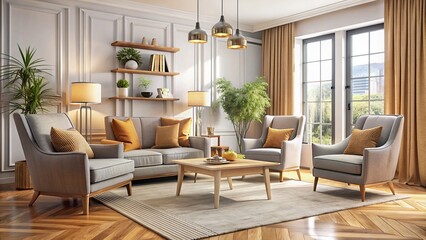 Home interior mock up with armchairs, table and decor in living room
