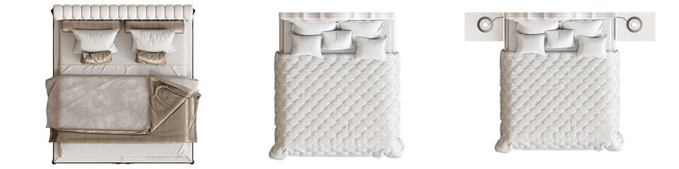 double bed isolated on a transparent background, furniture for the bedroom interior, 3D illustration, cg render