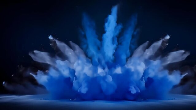 Vibrant cobalt blue powder explosion creating an abstract pattern against a dark background. Swirling bursts of paint in vivid shades of cobalt blue evoke a sense of energy, creativity, and motion.

