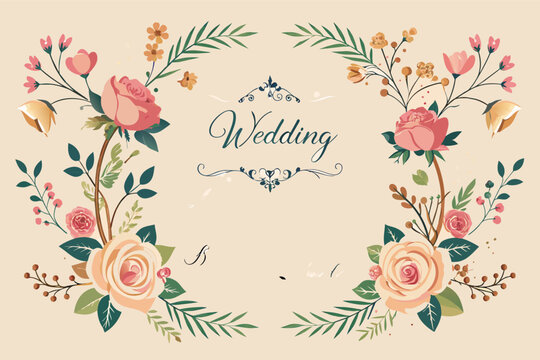 a wedding card with roses and leaves, A set of elegant wedding invitations with floral borders and calligraphy script