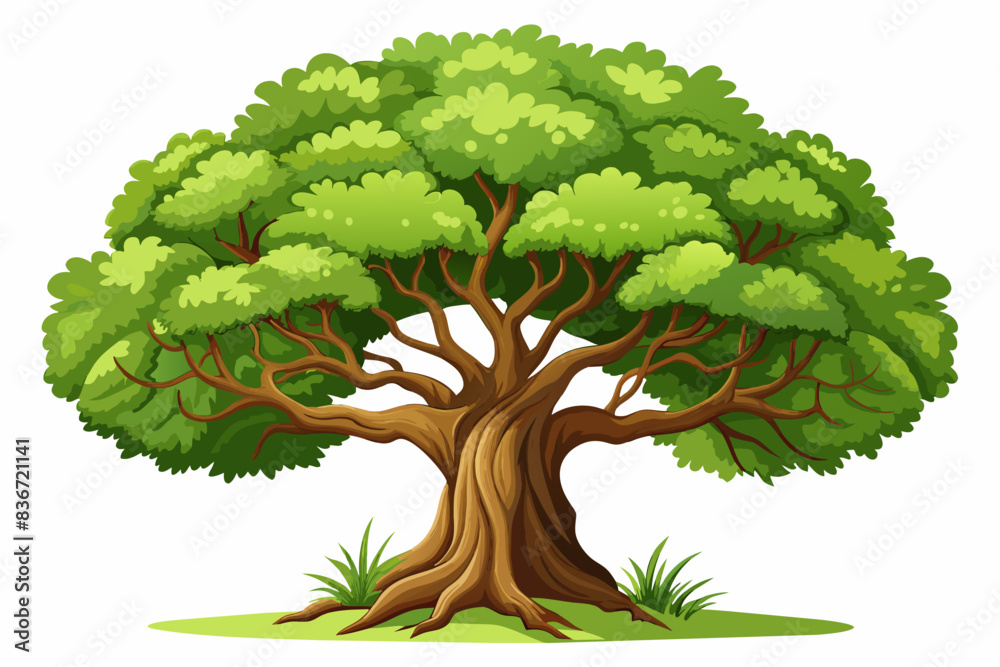 Poster an oak tree with a thick trunk and sprawling branches, representing strength and longevity