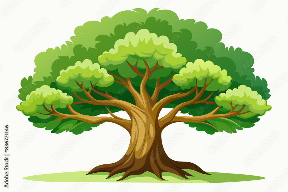 Poster an oak tree with a thick trunk and sprawling branches, representing strength and longevity