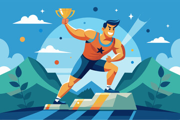 a man holding a trophy in his hand, A motivational vector illustration of an athlete overcoming a challenge and achieving their goal
