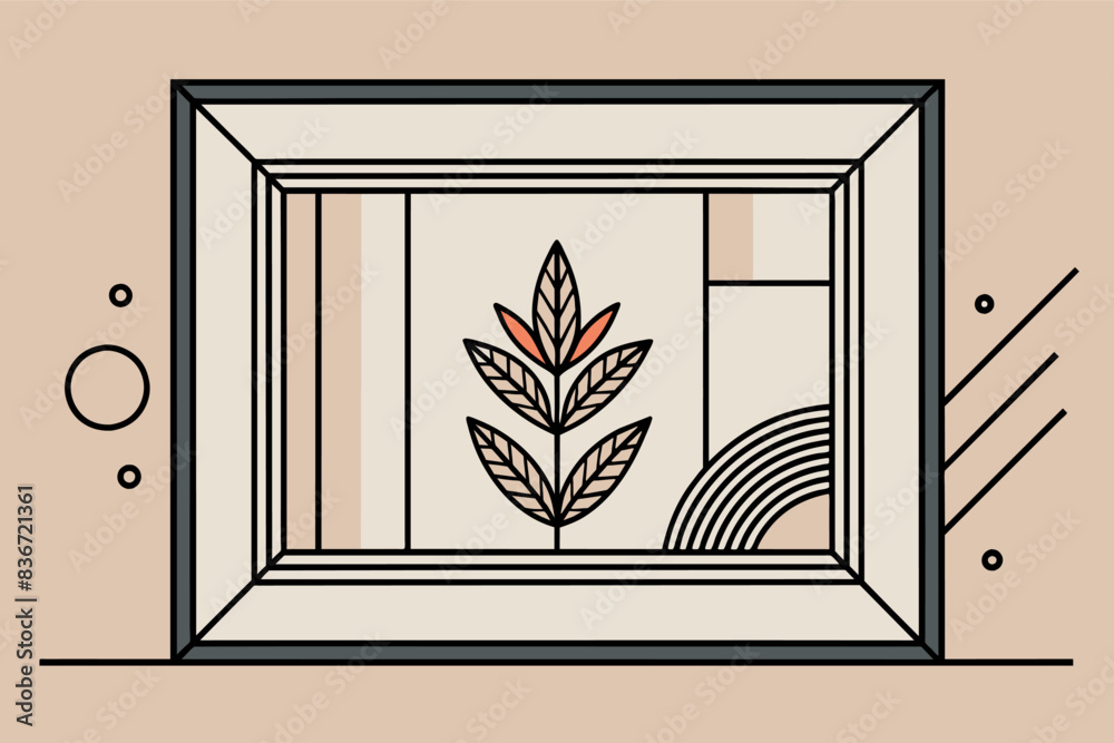 Poster a window with a plant inside of it, a minimalist frame with thin black lines, allowing the artwork w