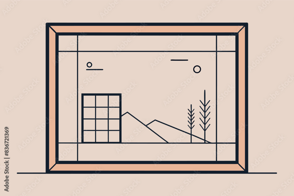 Poster a window with a plant inside of it, a minimalist frame with thin black lines, allowing the artwork w