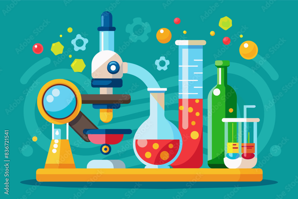 Poster a microscope and some laboratory equipment, a microscope and a science experiment with bubbling beak