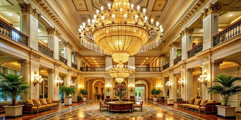 Grand hotel lobby with a majestic chandelier hanging from the ceiling