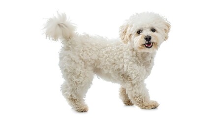 Bichon Frise with its curly white fur, standing with a playful expression, white background