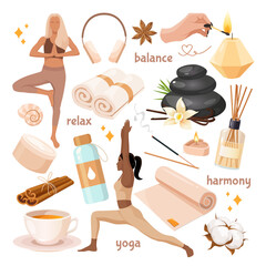 Vector collection of yoga elements set with practising girls in different asanas, cozy accessories and equipment for meditation.
