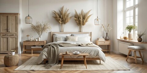 Neutral Scandi-style bedroom with hygge furniture, linen bedding, and dried flowers in a vase
