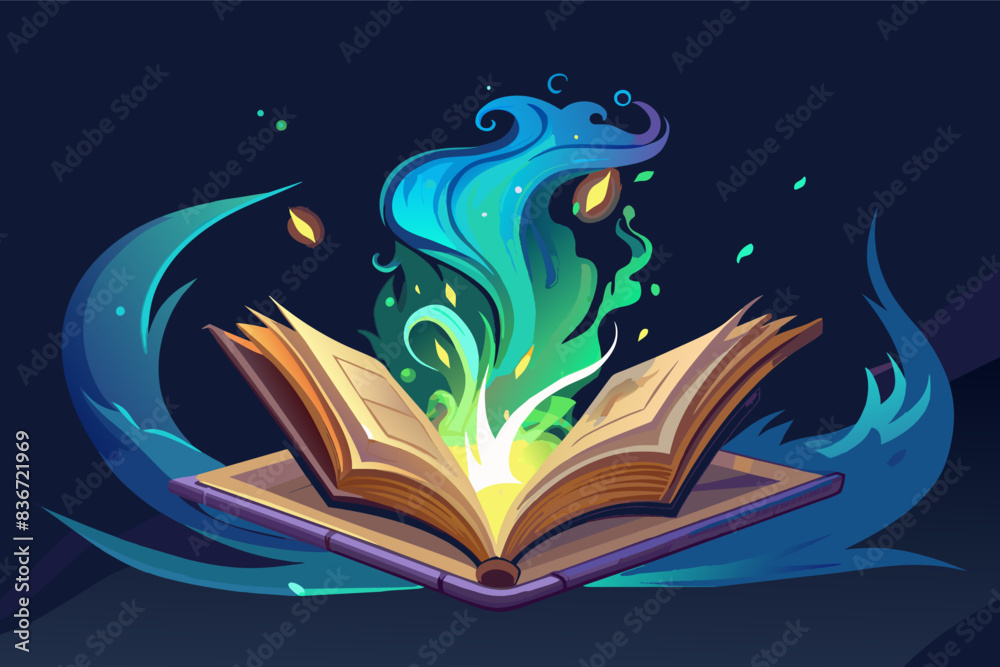 Poster an open book with a glowing flame coming out of it, A glowing book with a magical aura, emanating sparks and swirling energy from its open pages