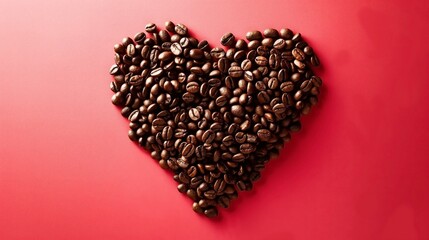 Coffee beans arranged in the shape of a heart on a red background.