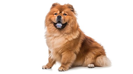Chow Chow with its fluffy mane and distinctive blue-black tongue, sitting regally, white background