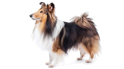 Fototapeta premium Shetland Sheepdog with its long, flowing coat, standing attentively, white background
