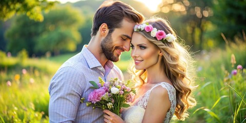 Romantic concept of a masculine man and beautiful woman couple in a serene setting