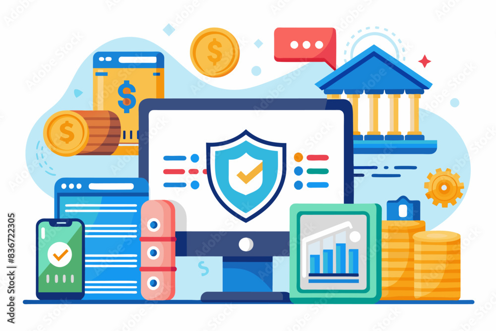 Poster a laptop with a shield on it surrounded by money and other items, A detailed vector artwork of a secure online banking system with user verification and encryption processes