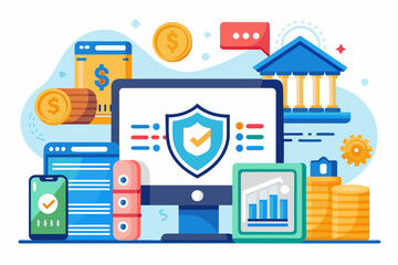 a laptop with a shield on it surrounded by money and other items, A detailed vector artwork of a secure online banking system with user verification and encryption processes