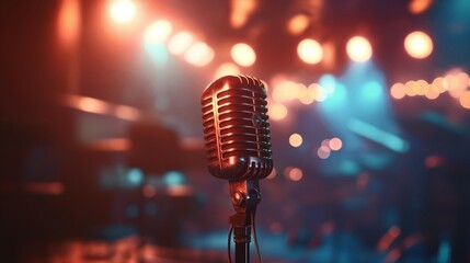 Close-up of a vintage microphone on a stand in a dimly lit venue with colorful stage lights blurred in the background.