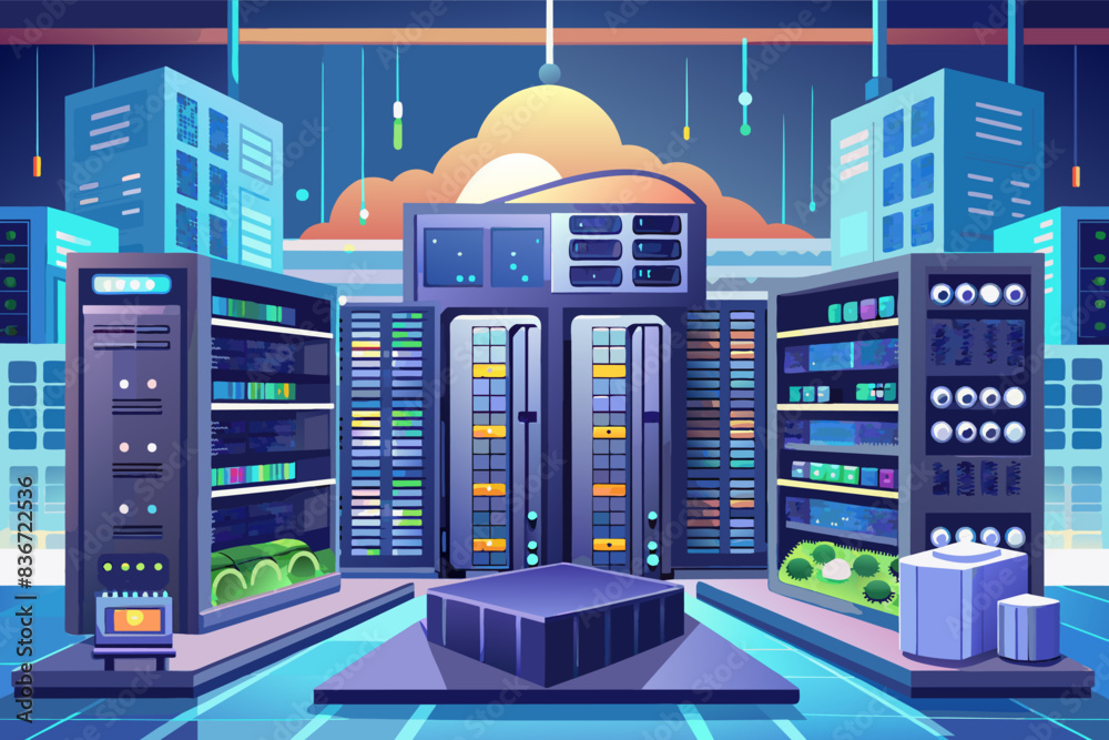 Leinwandbilder a server room with many servers and a city in the background, a detailed illustration of a secure da