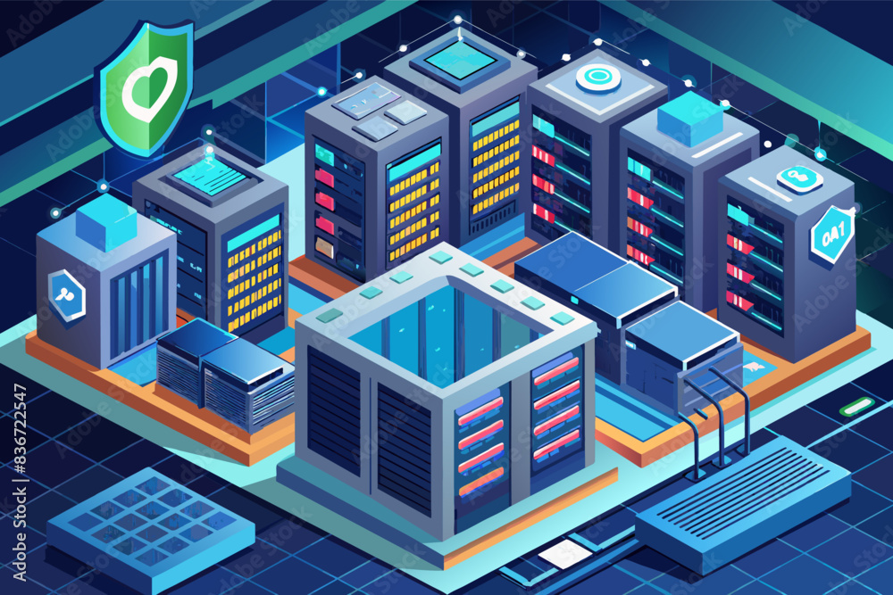 Leinwandbilder a server room with many servers and a city in the background, a detailed illustration of a secure da