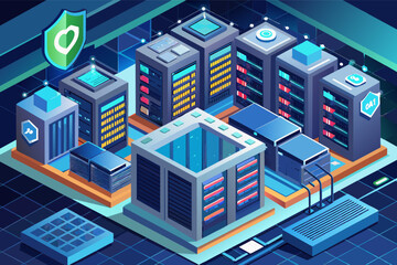 a server room with many servers and a city in the background, A detailed illustration of a secure data center with servers and complex cooling systems