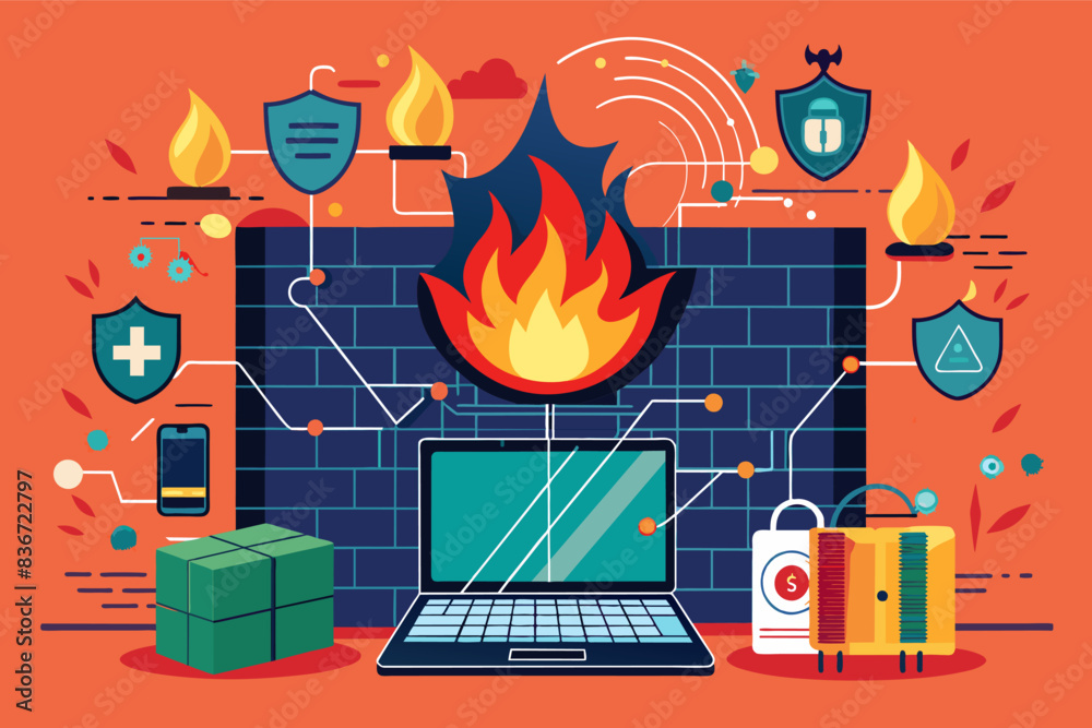 Aufkleber a fire place with a bunch of different items surrounding it, A conceptual vector artwork depicting a firewall blocking cyberattacks on a network
