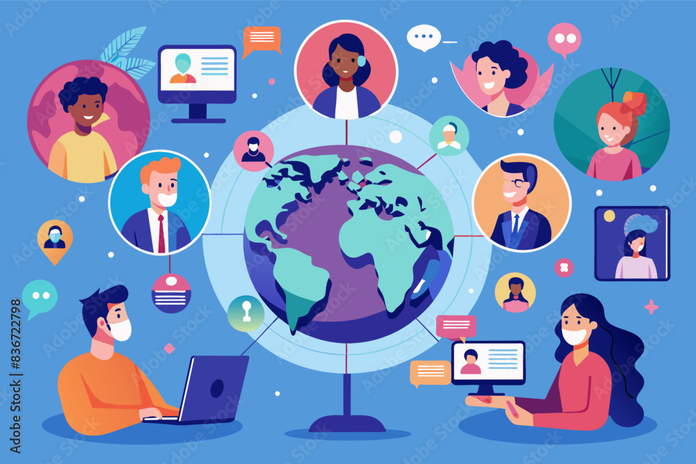 Aufkleber people are sitting around a globe with social icons, a conceptual vector artwork of technology conne