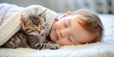 Adorable kitten and baby peacefully napping together