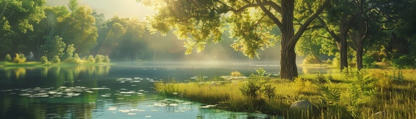 Fototapeta premium Sunlit Forest Lake with Tranquil Waters