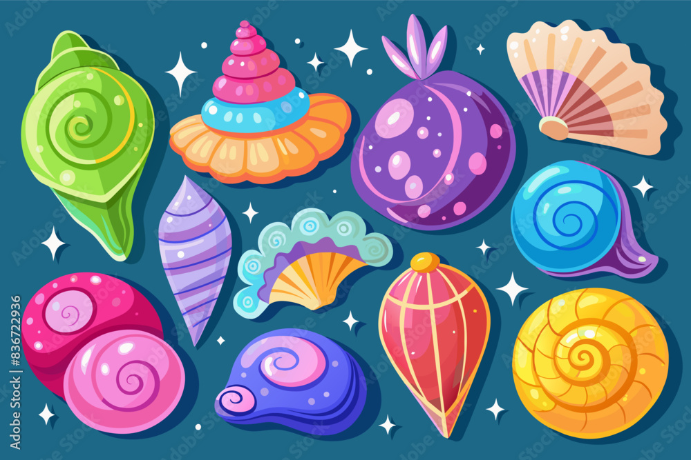 Poster a colorful sea life pattern with shells and seashells, A collection of sparkling seashells in vibrant colors and unique shapes, some spiraled, some fluted, and some perfectly smooth