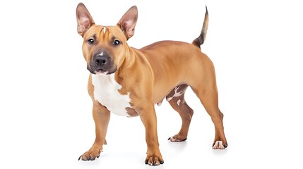 Obraz premium Bull Terrier with its egg-shaped head and playful demeanor, standing ready, white background