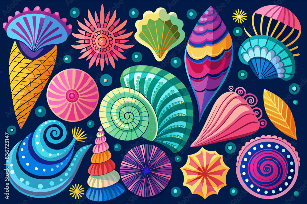 Poster a colorful sea life pattern with shells and seashells, A collection of sparkling seashells in vibrant colors and unique shapes, some spiraled, some fluted, and some perfectly smooth