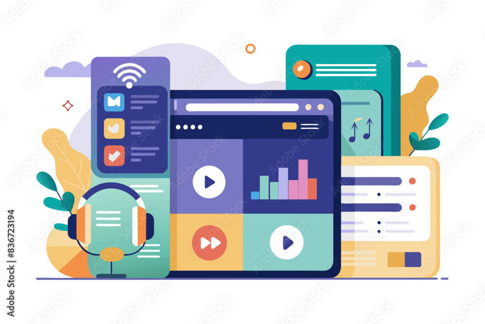 Poster a laptop and a phone with music on the screen, A clean and minimalistic illustration of a music streaming app interface with browsing options and playlists
