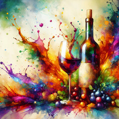 Image of bottle and wine glass, splashing colorful paint, watercolor printed on Printed Glass Splashbacks