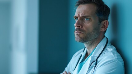 Male doctor in white coat and stethoscope facing camera
