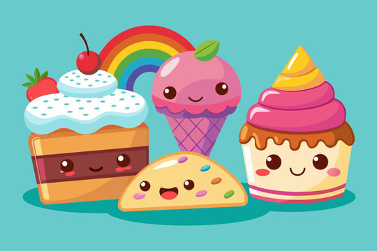 a group of different types of desserts, A collection of delicious desserts with happy faces: a slice of cake with rainbow sprinkles, a cupcake with a cheerful swirl of frosting