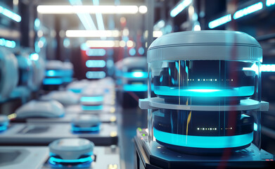 AI system managing material supply for 3D printers, with sensors monitoring usage and robotic systems ensuring timely replenishment