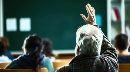 An elderly man raising his hand in a classroom with several students and a chalkboard in the background.