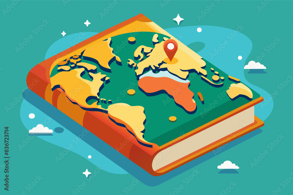 Aufkleber a book with a map on it, a book with a world map illustration on its cover, inviting exploration and