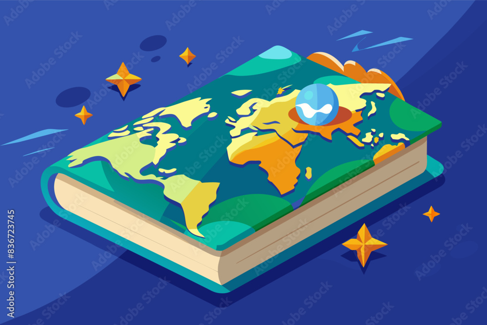 Aufkleber a book with a map on it, a book with a world map illustration on its cover, inviting exploration and