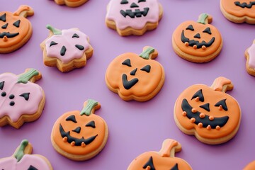 halloween themed pumpkin gingerbread cookies with kawaii faces on a pastel purple background