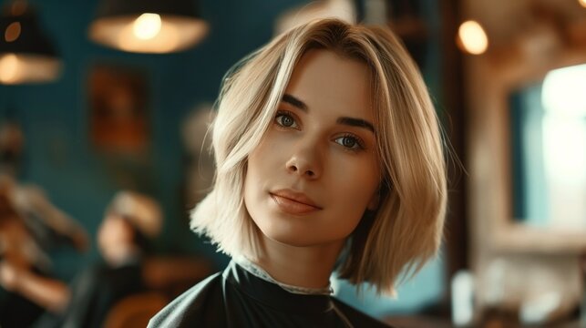 Young woman with stylish bob hairstyle smiling in a modern salon with blurred background.