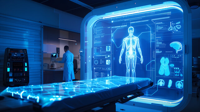 holographic medical table with digital data and an AI interface, showcasing the integration of technology in the analysis of human anatomy for future medicine in a futuristic lab environment