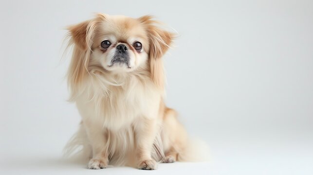 Japanese Chin with its silky coat and round eyes, sitting elegantly, white background