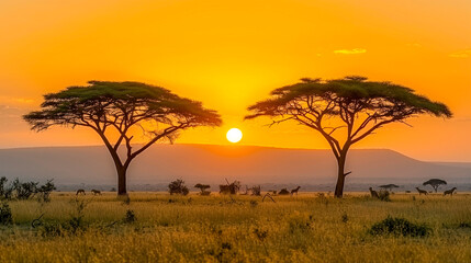Obraz premium Sunset on the African Savannah with Acacia trees silhouetted 